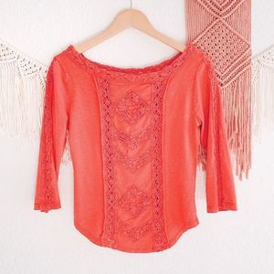 Free People Wide Boat Neck Lace Quarter Sleeve Tee